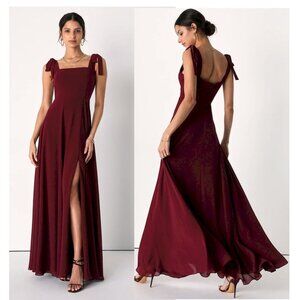 Lulus Love Me Forever Burgundy Tie Strap Square Neck Maxi Dress Size 1X NWT